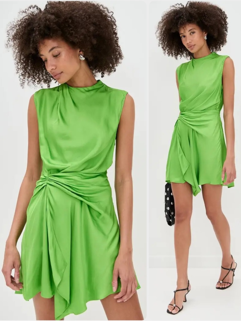 A.L.C. Dion Viscose Lily Green Draped Knot-Front Asymmetric Mini Dress $450
